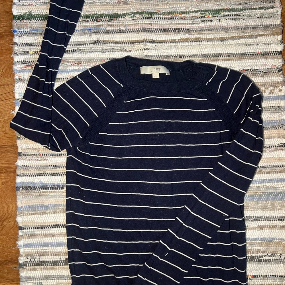 LOFT Navy and White Striped Crewneck Sweater
